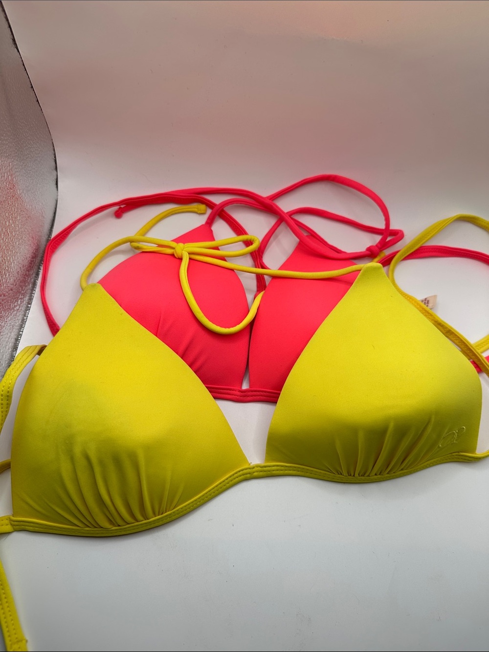 Women’s Yellow & Pink Triangle Bikini Tops - Dual Color Swim Bundle of 2